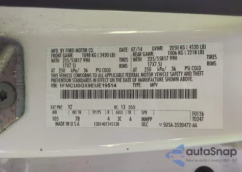 2014 Ford Escape Se из США, поврежденный, VIN 1FMCU0GX9EUE19514